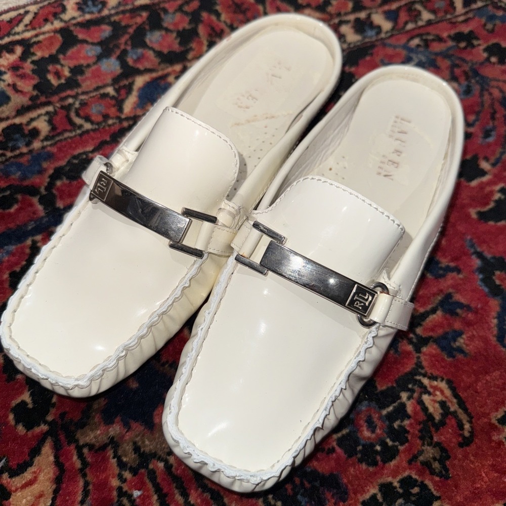 Ralph Lauren Carriel Square Toe White Patent Leather Mules 7 B Silver Buckle